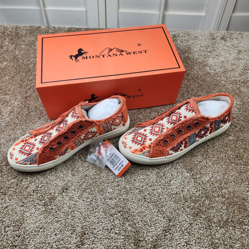 Montana West Womens Orange Southwestern Rhinestone Slip On Sneakers 900-S035OR-8